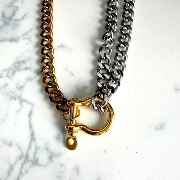 Mixed Metal Gold & Silver Cuban Link Chain Necklace Caribeaner Bit Closure NEW - Picture 5 of 10